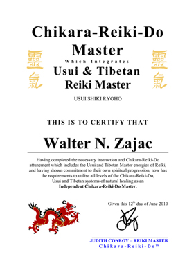Reiki Master Certificate, Walter Zajac